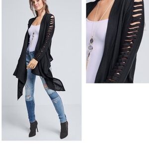 Elegant Black Open-Front Cardigan with Cut-Out Sleeves